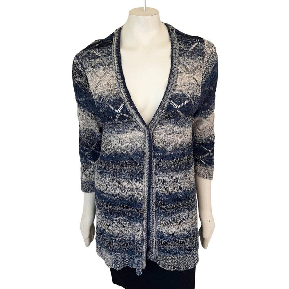 COLDWATER CREEK Linen Blend Ombre Stripe Pointelle Knit Cardigan SZ 6